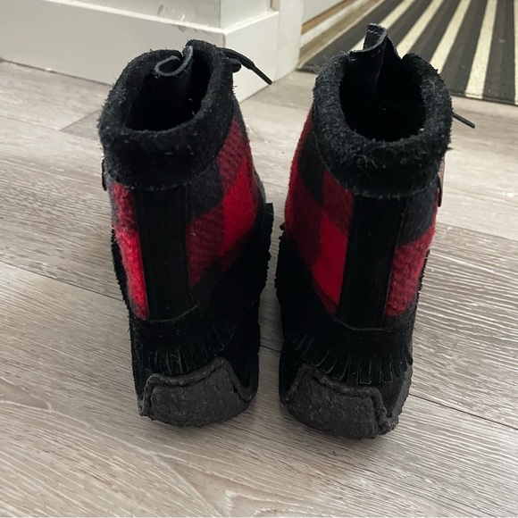Laurentian Chief Genuine Suede Leather Fringe Moccasin Booties Buffalo Plaid - Picture 5 of 7